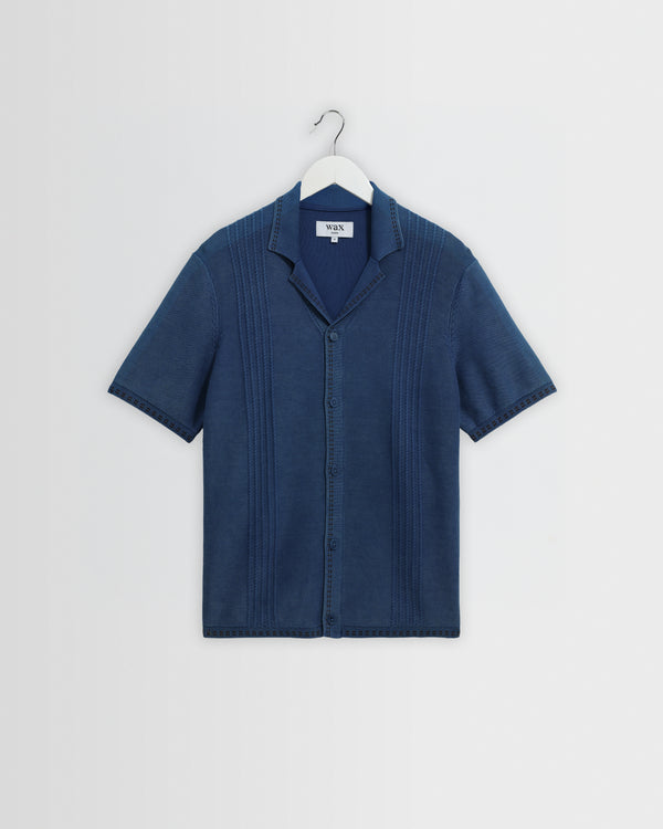 wax london men's Ivy - Washed Blue Cotton Knitted Shirt