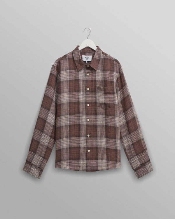 wax london men's Jaunt - Brown Check Linen Shirt