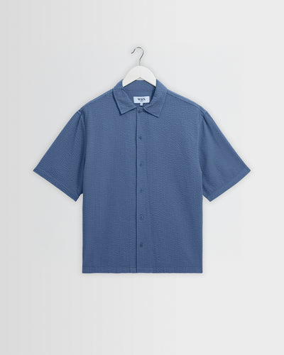 Keats - Blue Cotton Seersucker Short-Sleeve Shirt