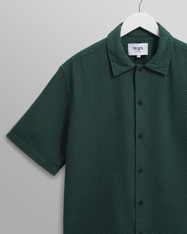 wax london men's Keats - Forest Green Cotton Seersucker Short-Sleeve Shirt