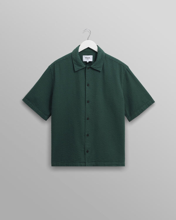 wax london men's Keats - Forest Green Cotton Seersucker Short-Sleeve Shirt
