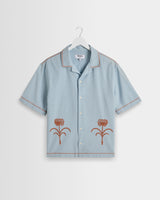wax london men's Keats - Light Blue And Rust Embroidered Short-Sleeve Shirt
