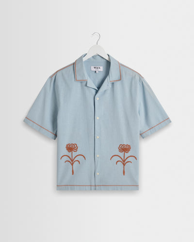 Keats - Light Blue And Rust Embroidered Short-Sleeve Shirt