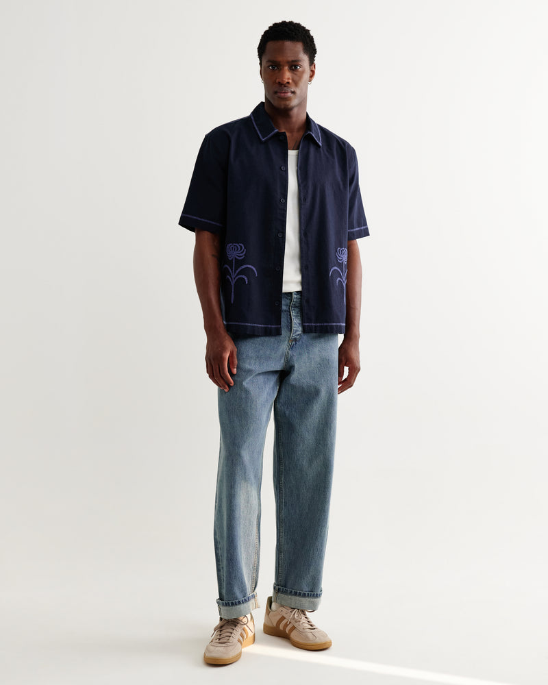 Men's Navy Embroidered Short-Sleeve Shirt | Wax London