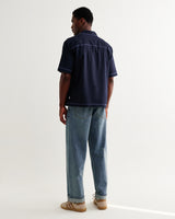 wax london men's Keats - Navy And Blue Embroidered Short-Sleeve Shirt