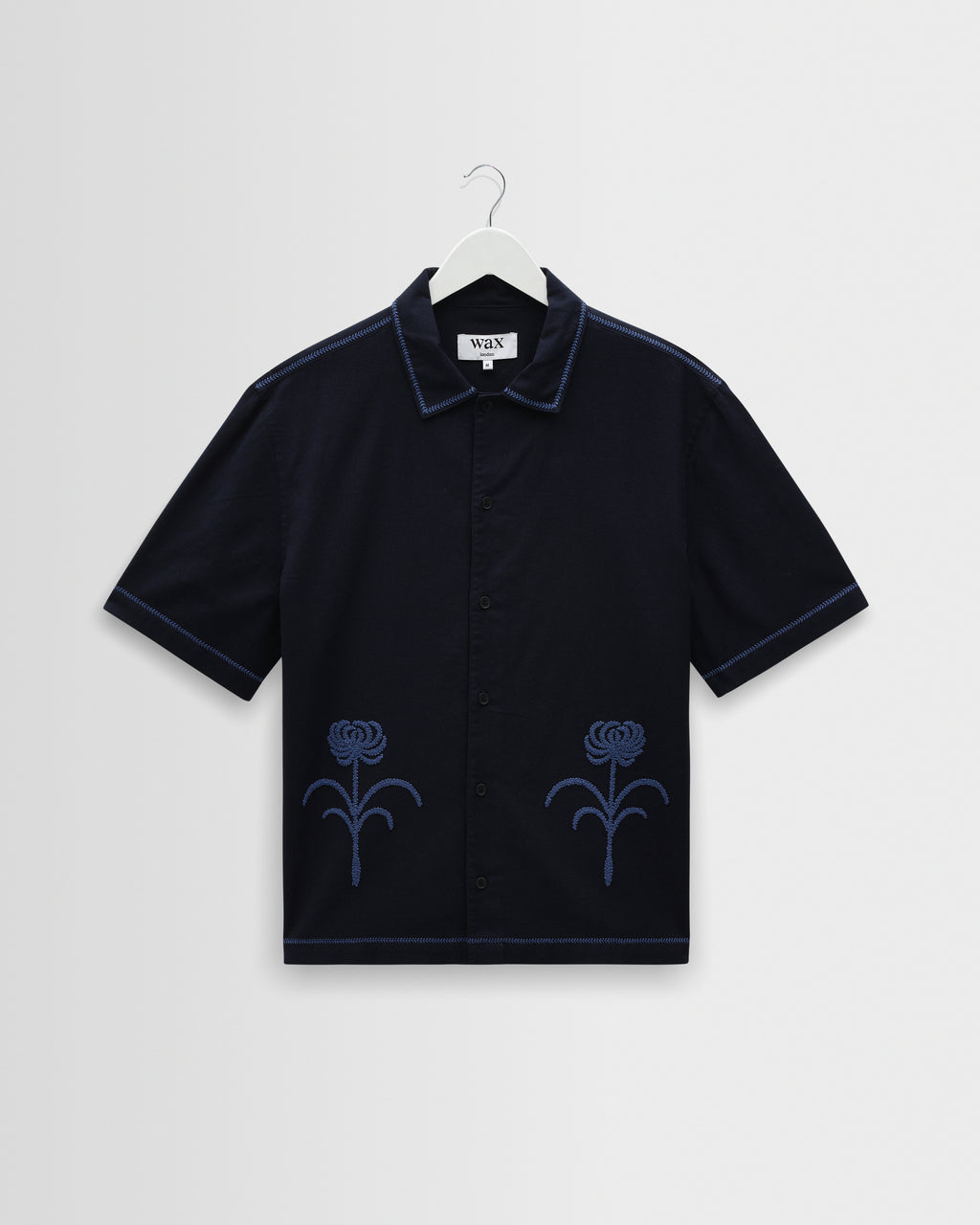 Men's Navy Embroidered Short-Sleeve Shirt | Wax London