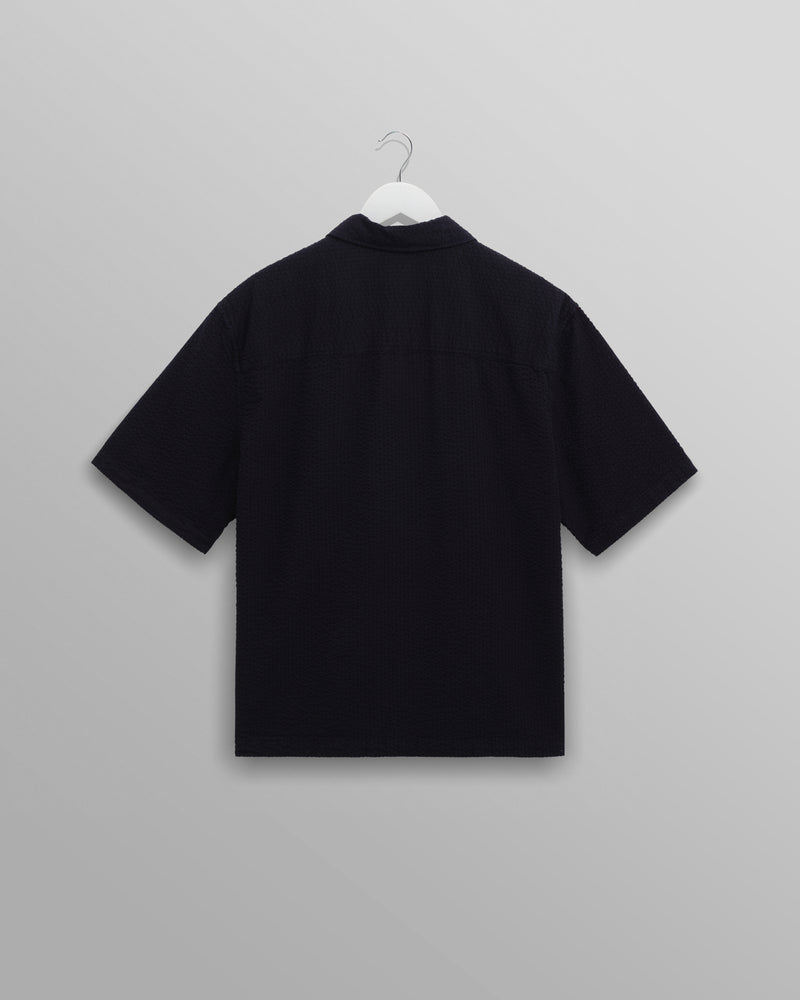 wax london Keats - Navy Cotton Seersucker Short-Sleeve Shirt