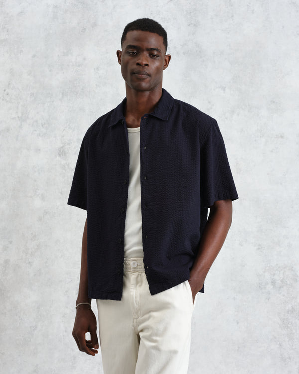 wax london men's Keats - Navy Cotton Seersucker Short-Sleeve Shirt