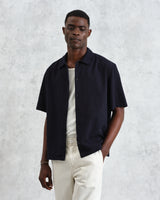 wax london Keats - Navy Cotton Seersucker Short-Sleeve Shirt