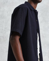 wax london Keats - Navy Cotton Seersucker Short-Sleeve Shirt