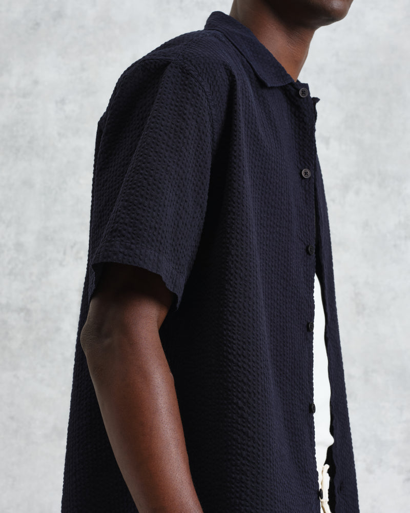 wax london Keats - Navy Cotton Seersucker Short-Sleeve Shirt