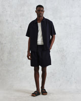 wax london Keats - Navy Cotton Seersucker Short-Sleeve Shirt