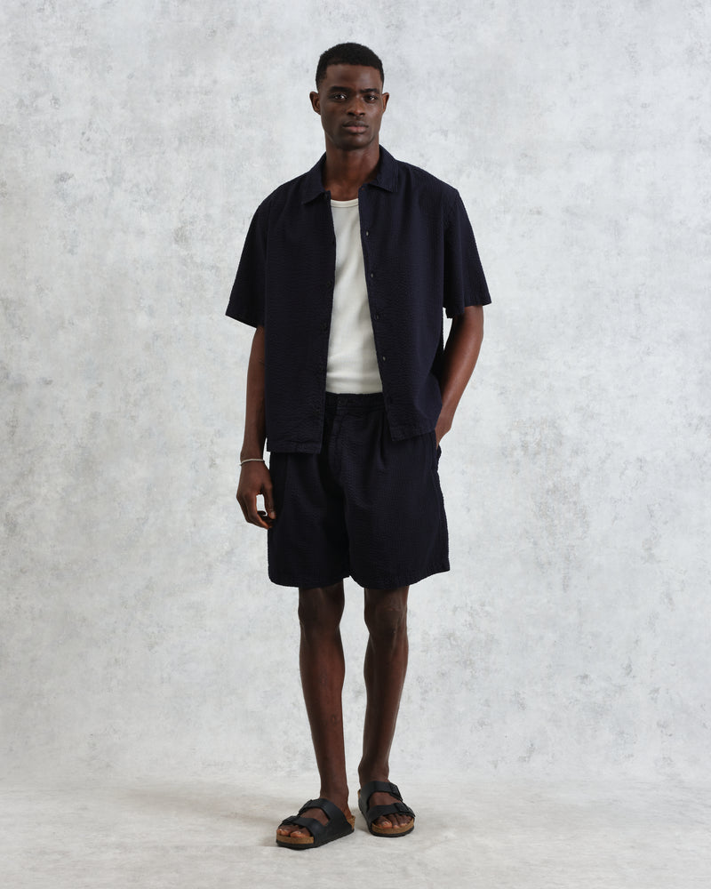 wax london Keats - Navy Cotton Seersucker Short-Sleeve Shirt
