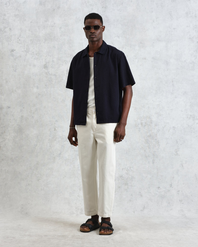 wax london Keats - Navy Cotton Seersucker Short-Sleeve Shirt