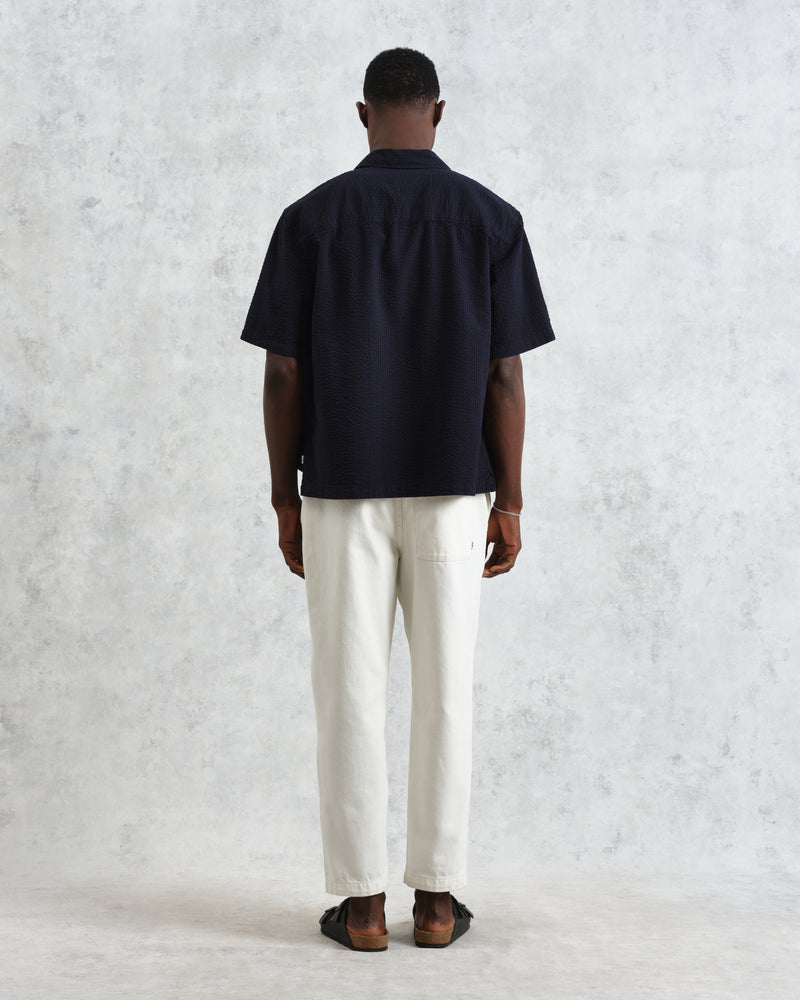 wax london Keats - Navy Cotton Seersucker Short-Sleeve Shirt