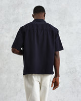 wax london Keats - Navy Cotton Seersucker Short-Sleeve Shirt