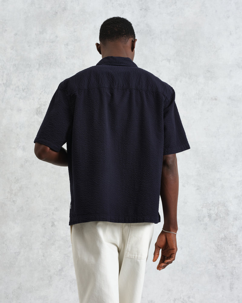 wax london Keats - Navy Cotton Seersucker Short-Sleeve Shirt