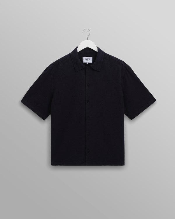 wax london men's Keats - Navy Cotton Seersucker Short-Sleeve Shirt