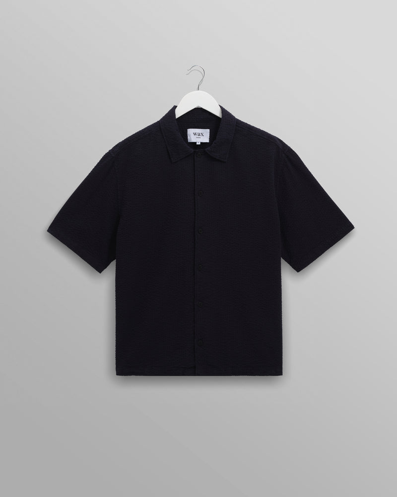 wax london Keats - Navy Cotton Seersucker Short-Sleeve Shirt