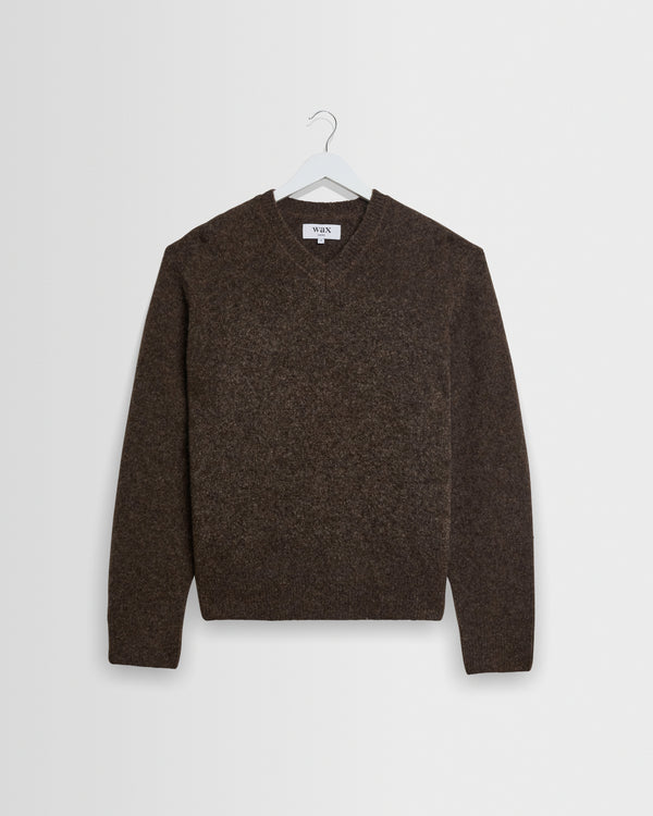 wax london men's Kemp - Brown Brushed Fluffy V-Neck Jumper