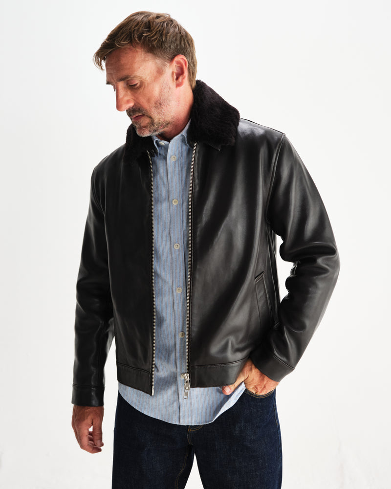 wax london men's Kendal - Dark Brown Lamb Leather Flight Jacket
