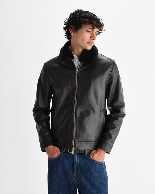 wax london men's Kendal - Dark Brown Lamb Leather Flight Jacket