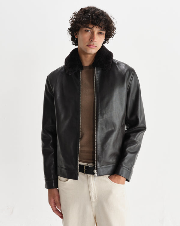 wax london men's Kendal - Dark Brown Lamb Leather Flight Jacket