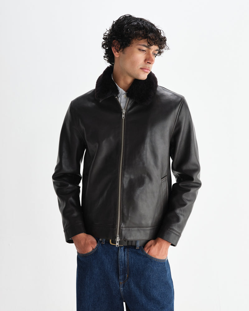 wax london men's Kendal - Dark Brown Lamb Leather Flight Jacket