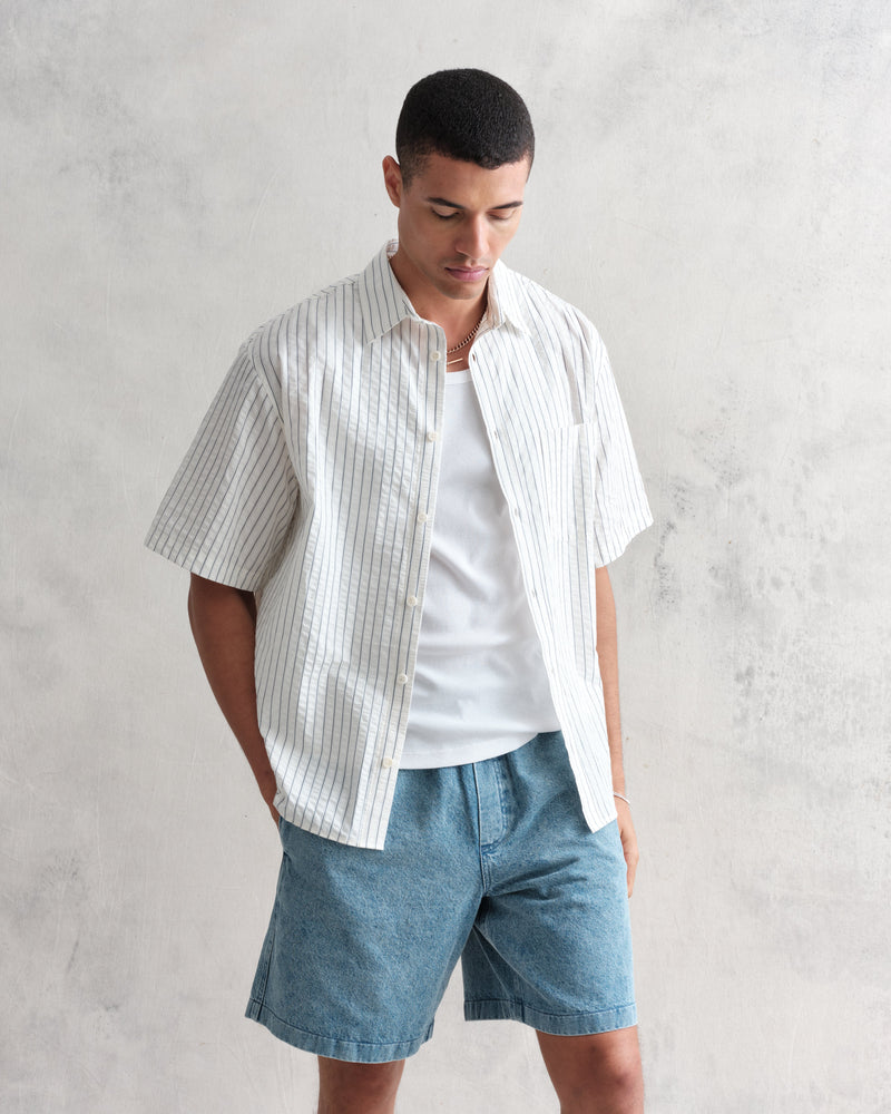 wax london Kew Shirt White/Blue Seersucker Stripe