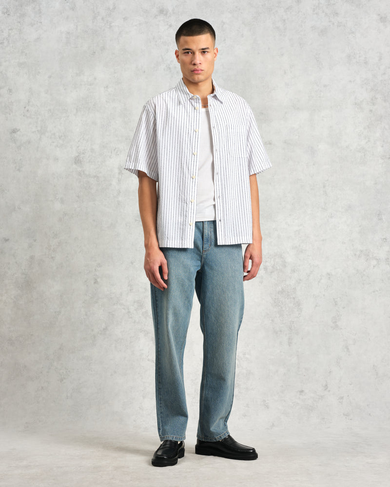 wax london Kew - White Stripe Cotton-Poplin Short-Sleeve Shirt