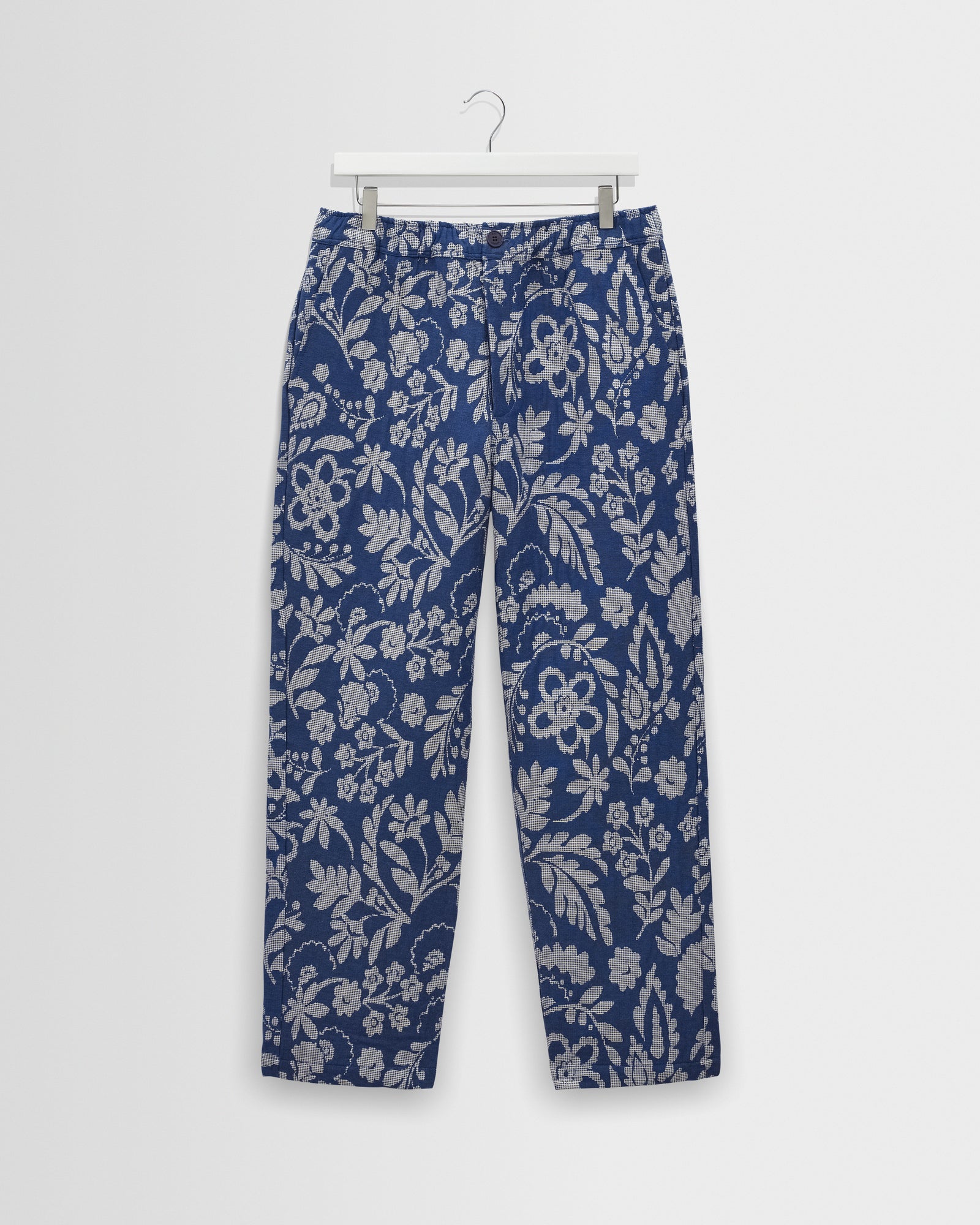 Men's Blue And Ecru Floral Jacquard Trousers | Wax London