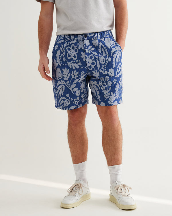 wax london men's Kurt - Blue And Ecru Floral Jacquard Shorts