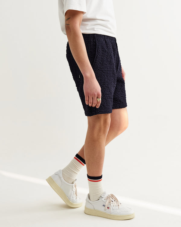 wax london men's Kurt - Dark Navy Jumbo Seersucker Shorts
