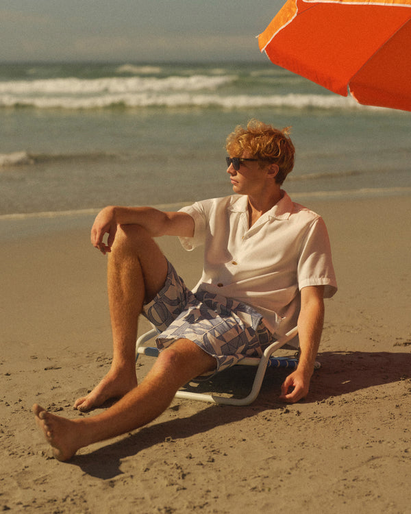 wax london men's Kurt - Ecru And Blue Geometric Embroidered Shorts