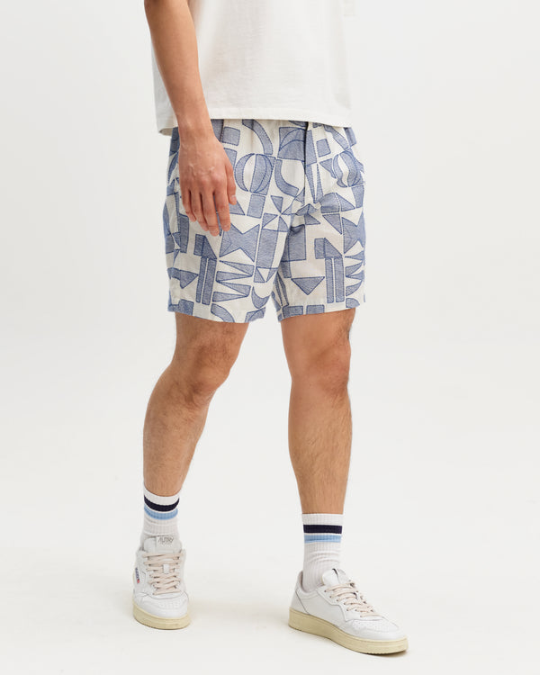 wax london men's Kurt - Ecru And Blue Geometric Embroidered Shorts
