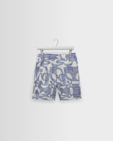 wax london men's Kurt - Ecru And Blue Geometric Embroidered Shorts