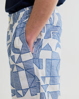 wax london men's Kurt - Ecru And Blue Geometric Shapes Shorts