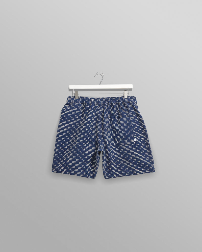 wax london Kurt - Navy And Ecru Geometric Grid Stitch Shorts