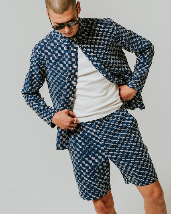 wax london men's Kurt - Indigo And Ecru Geometric Grid Stitch Shorts