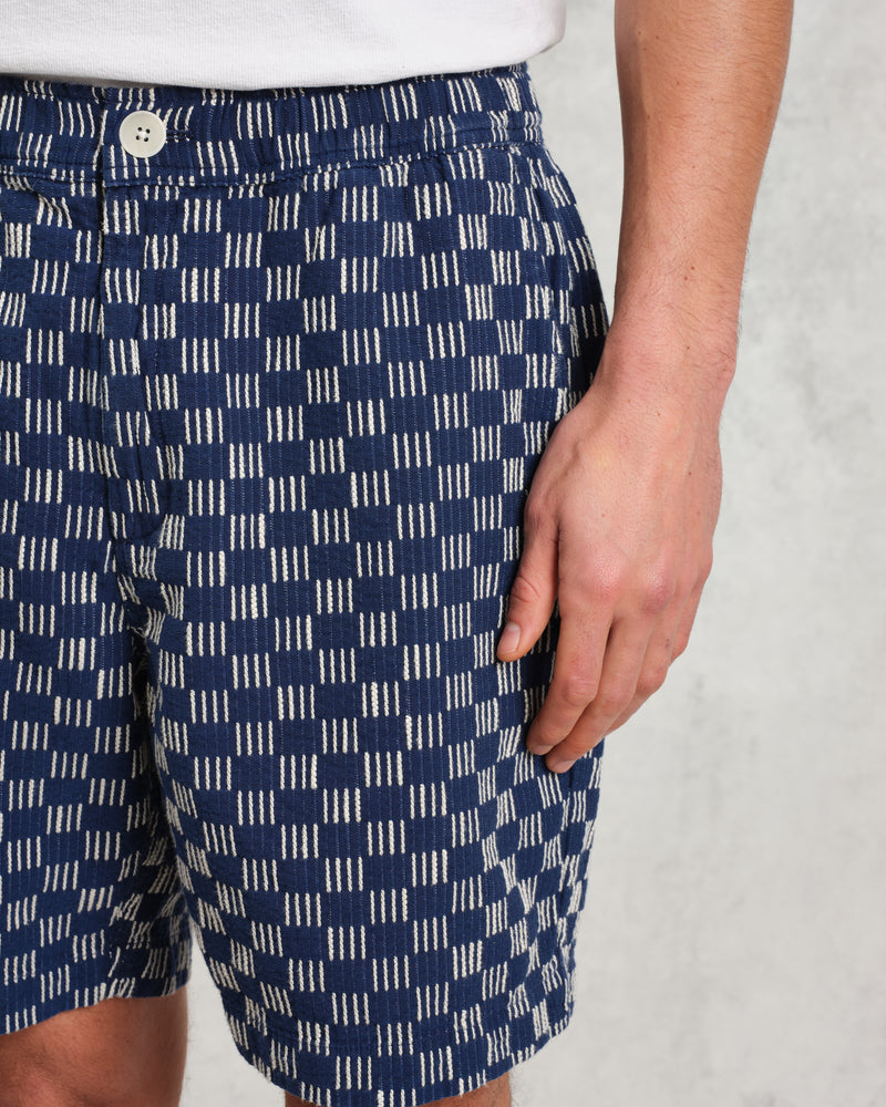 wax london Kurt - Navy And Ecru Geometric Grid Stitch Shorts