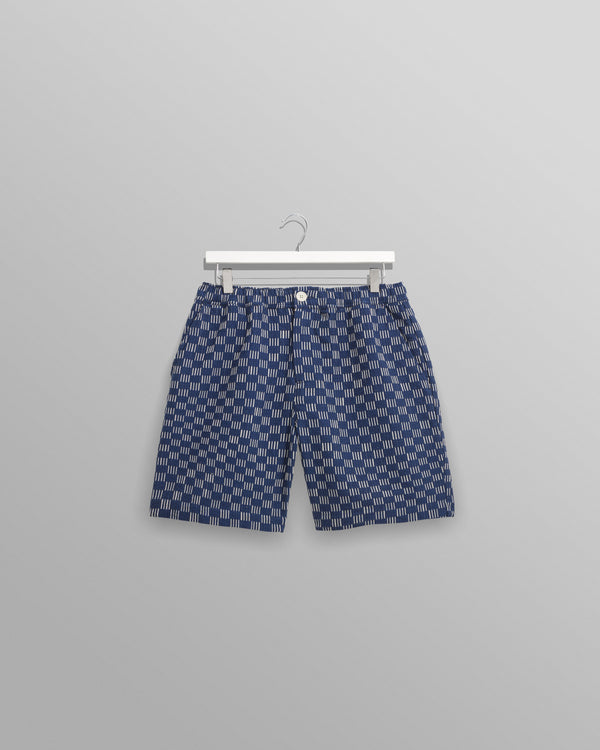 wax london men's Kurt - Indigo And Ecru Geometric Grid Stitch Shorts