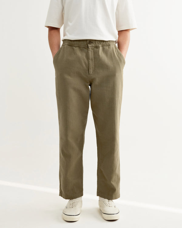 wax london men's Kurt - Khaki Crinkle Cotton-Linen Relaxed Fit Trousers