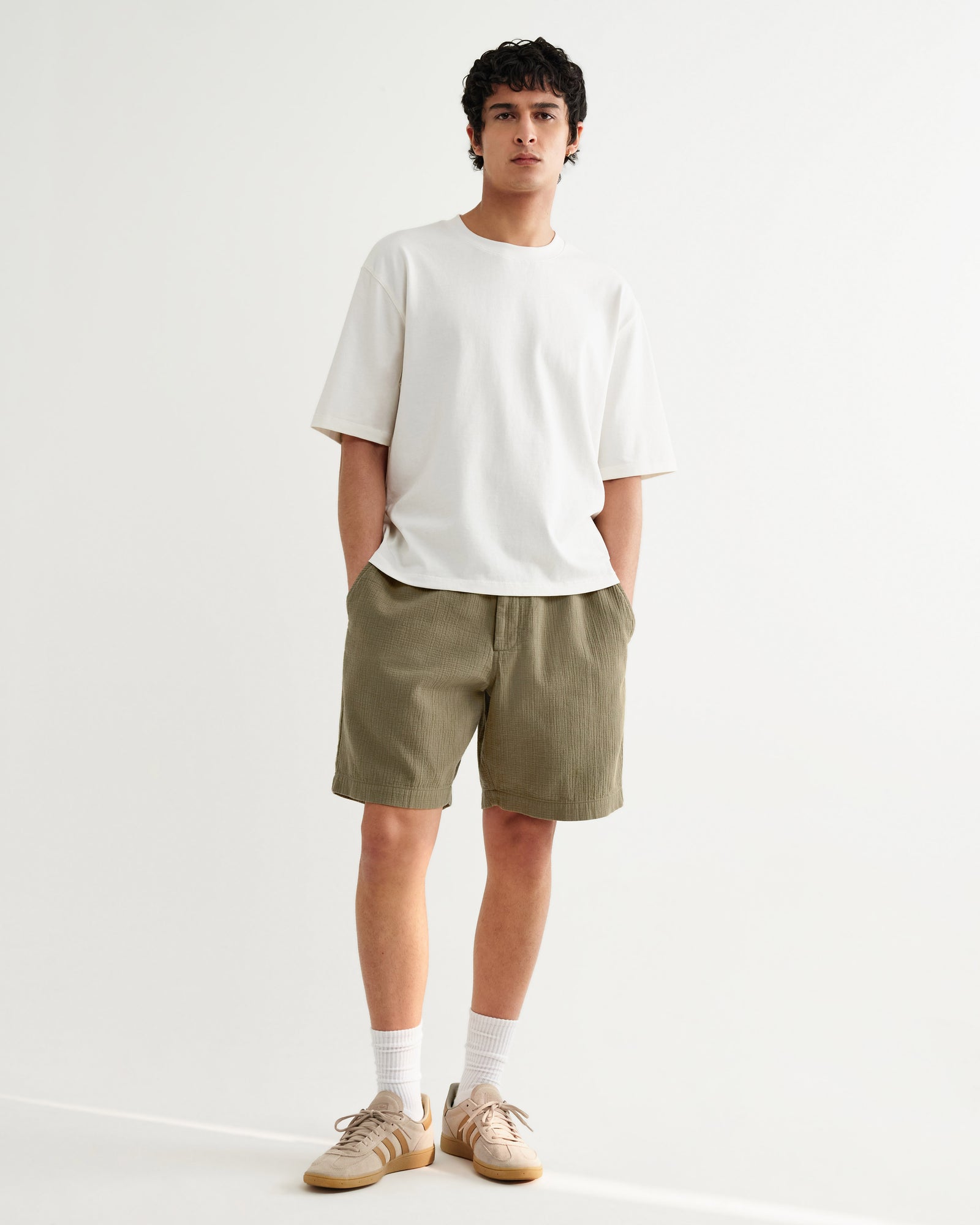Men's Khaki Crinkle Cotton-Linen Shorts | Wax London