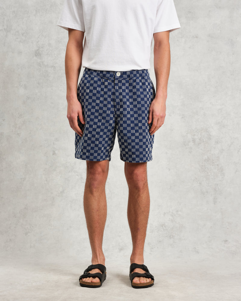 wax london Kurt - Navy And Ecru Geometric Grid Stitch Shorts