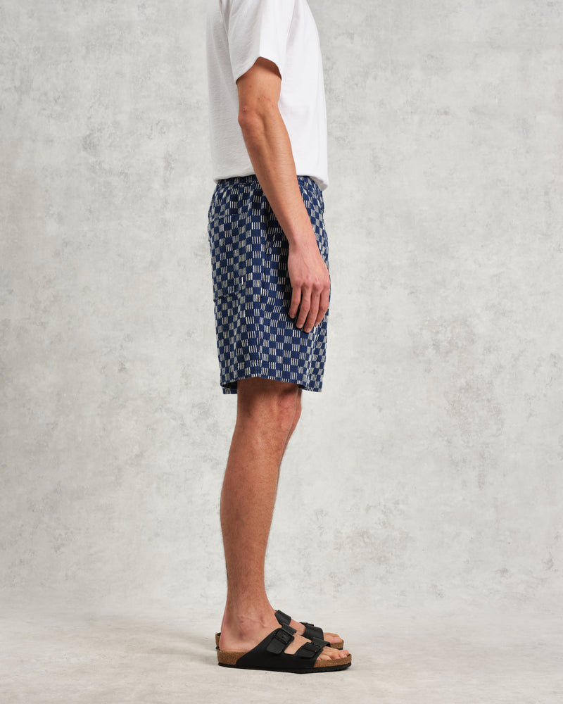 wax london Kurt - Navy And Ecru Geometric Grid Stitch Shorts