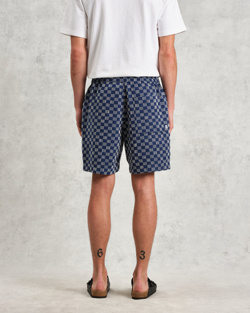 wax london Kurt - Navy And Ecru Geometric Grid Stitch Shorts