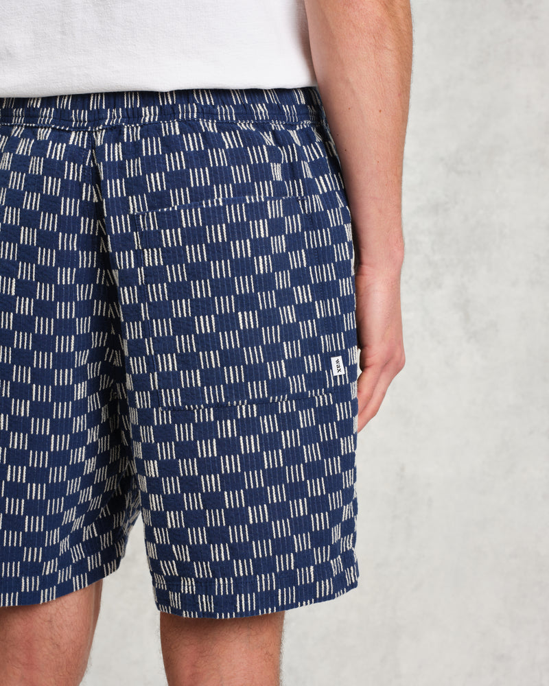 wax london Kurt - Navy And Ecru Geometric Grid Stitch Shorts