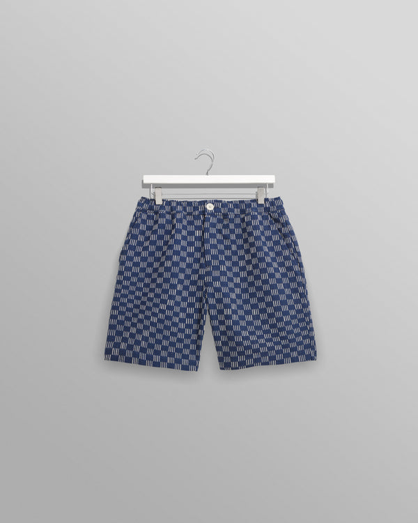 wax london Kurt - Navy And Ecru Geometric Grid Stitch Shorts