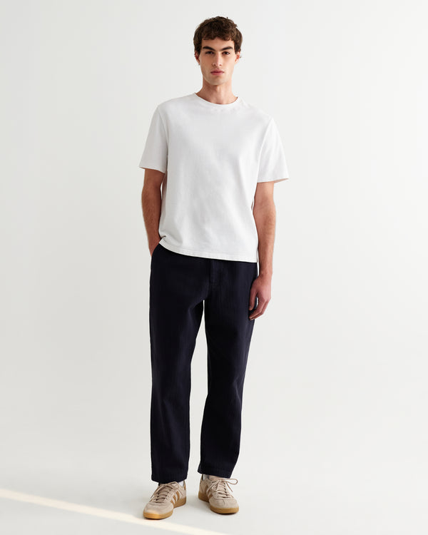 wax london men's Kurt - Navy Crinkle Cotton-Linen Relaxed Fit Trousers