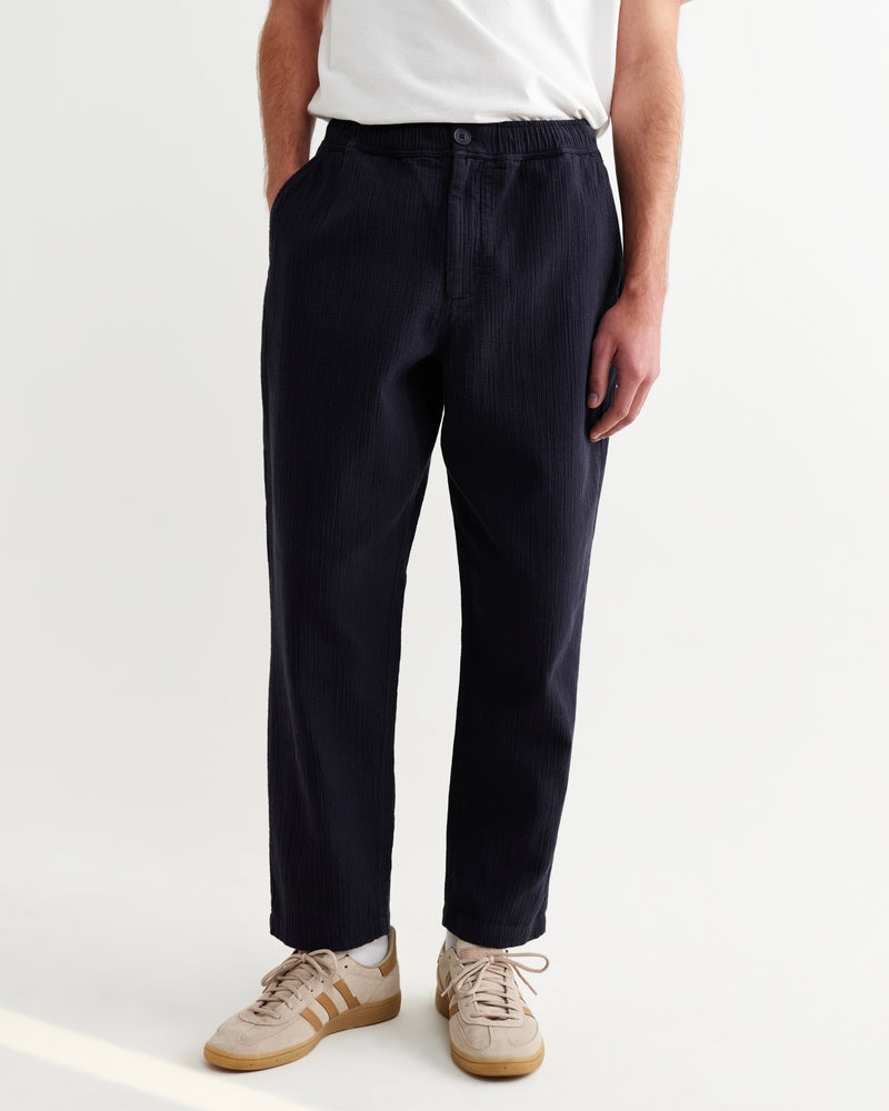Men's Navy Crinkle Cotton-Linen Trousers | Wax London